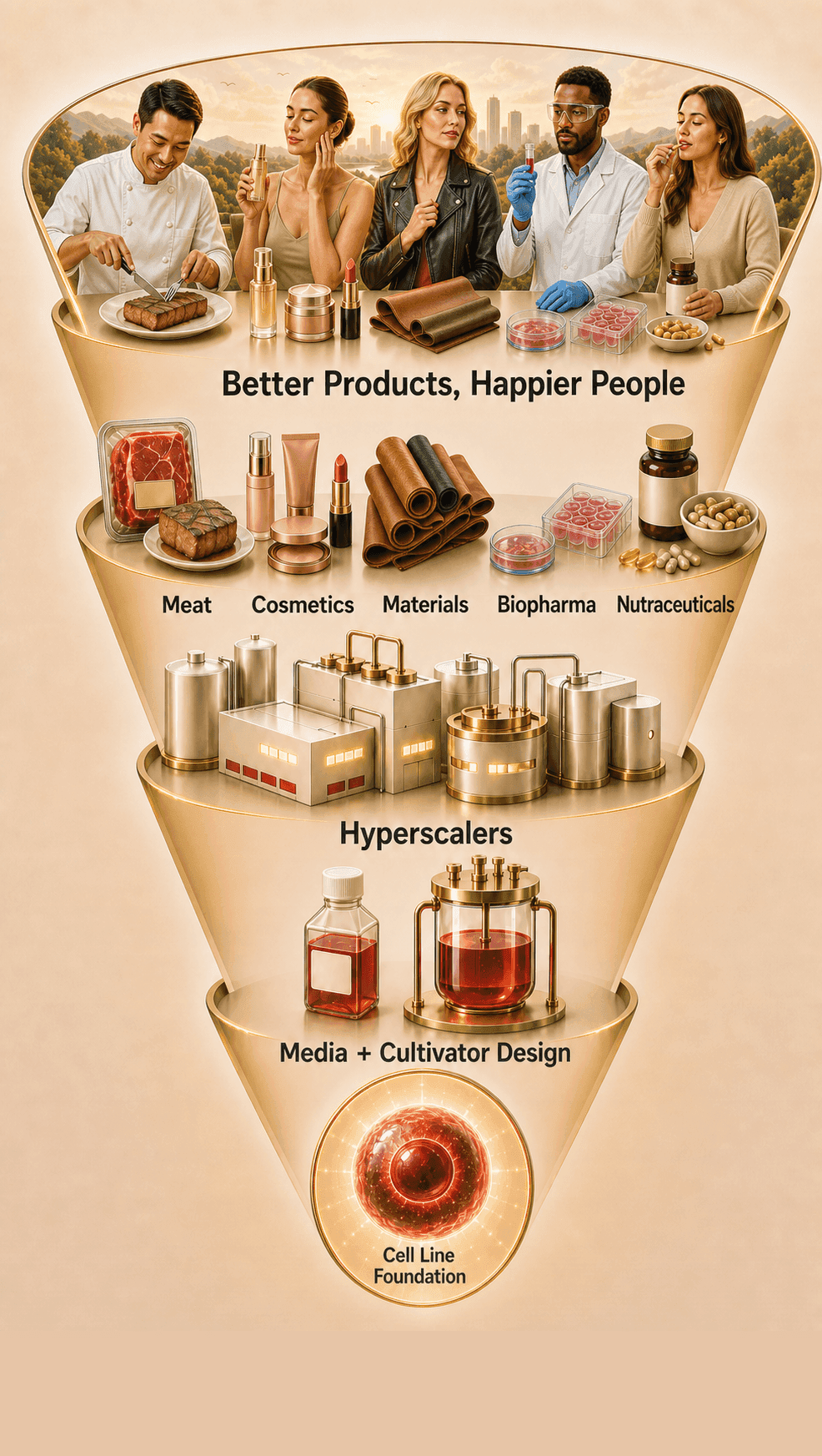 An inverted pyramid showing a cell foundation supporting media, bioreactor design, manufacturing scale-up, chefs, CPG companies, and people enjoying food on a cleaner planet.