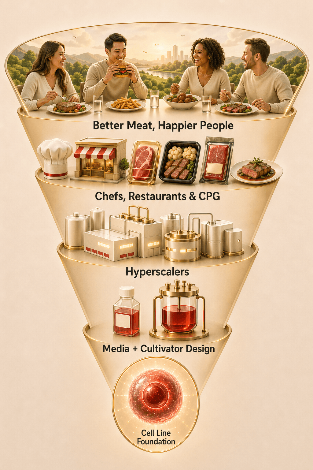 An inverted pyramid showing a cell foundation supporting media, bioreactor design, manufacturing scale-up, chefs, CPG companies, and people enjoying food on a cleaner planet.