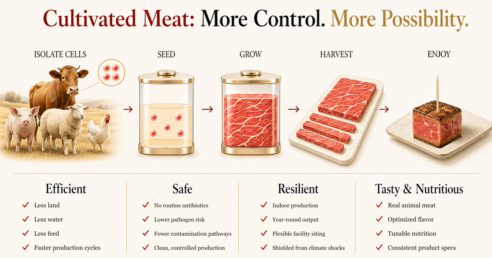 Cultivated meat process and benefits including efficiency, safety, resilience, taste, and nutrition.