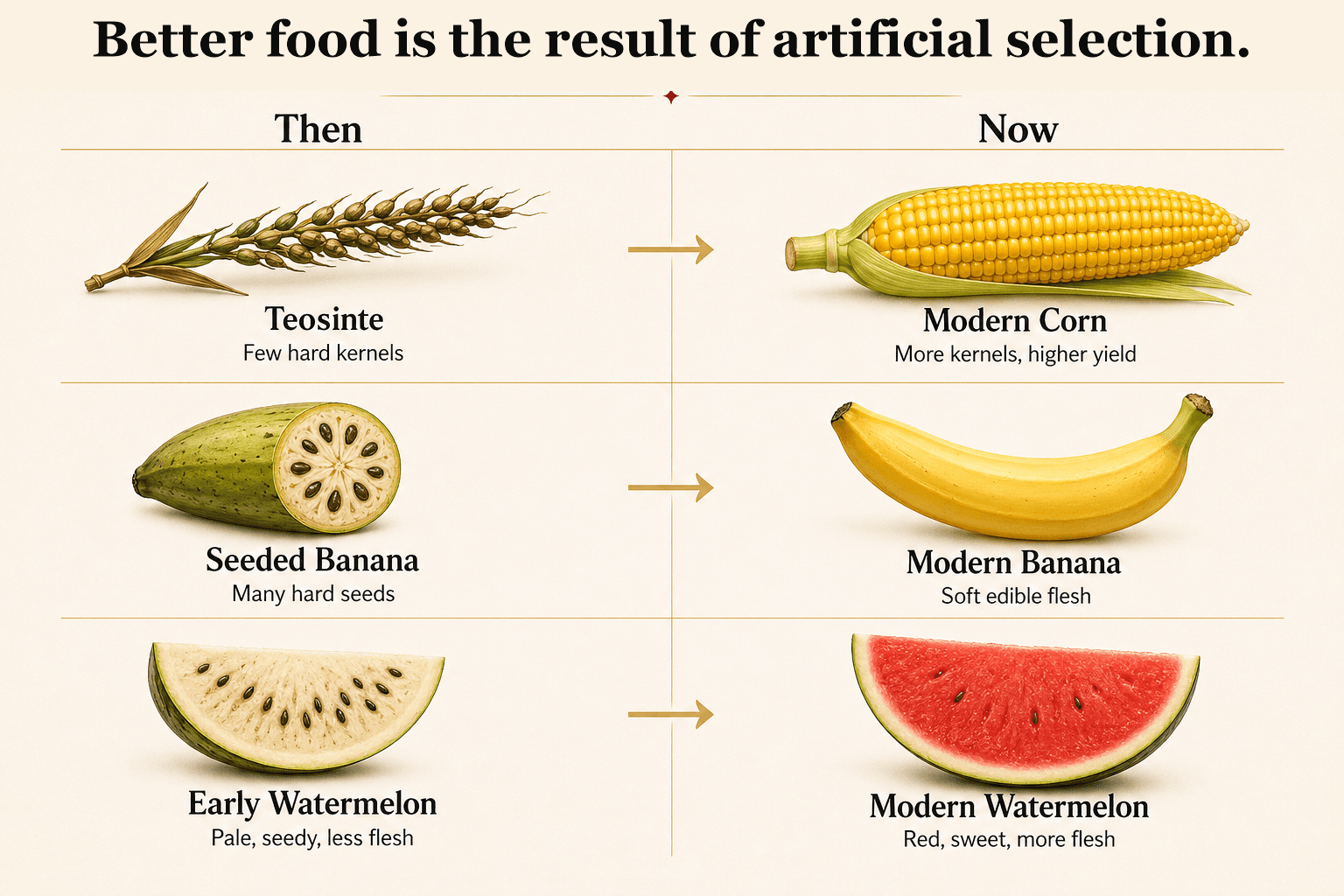 Then and now comparison showing teosinte to modern corn, seeded banana to modern banana, and early watermelon to modern watermelon.