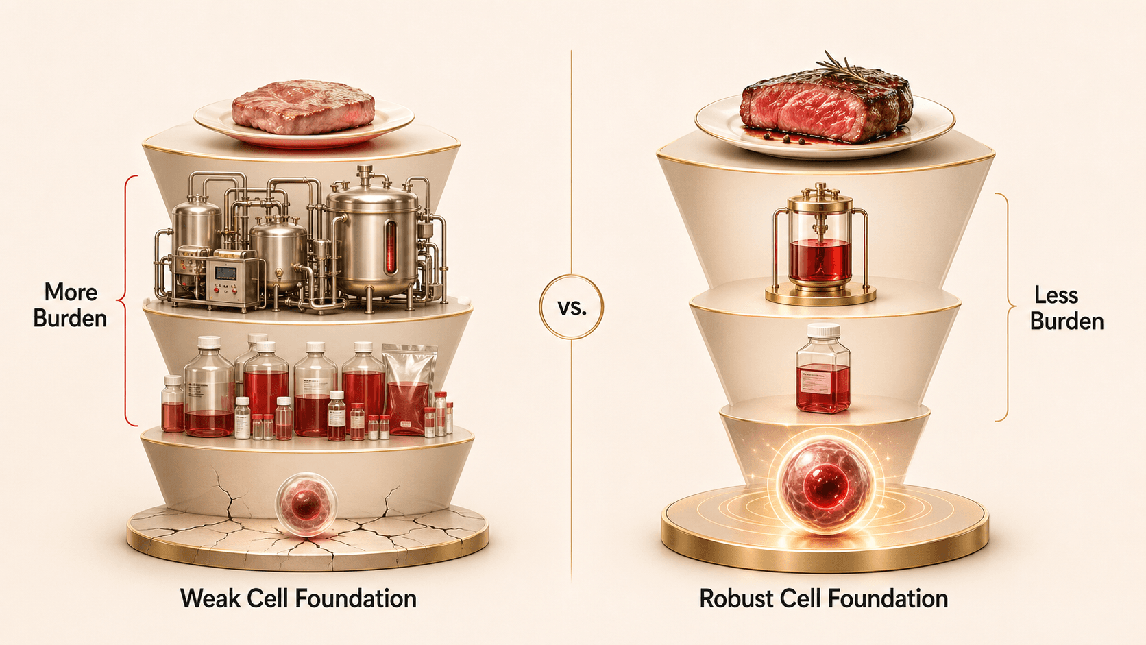Side-by-side comparison showing a weak cell foundation creating more media and bioprocess burden versus a robust cell foundation creating less burden and a better final product.