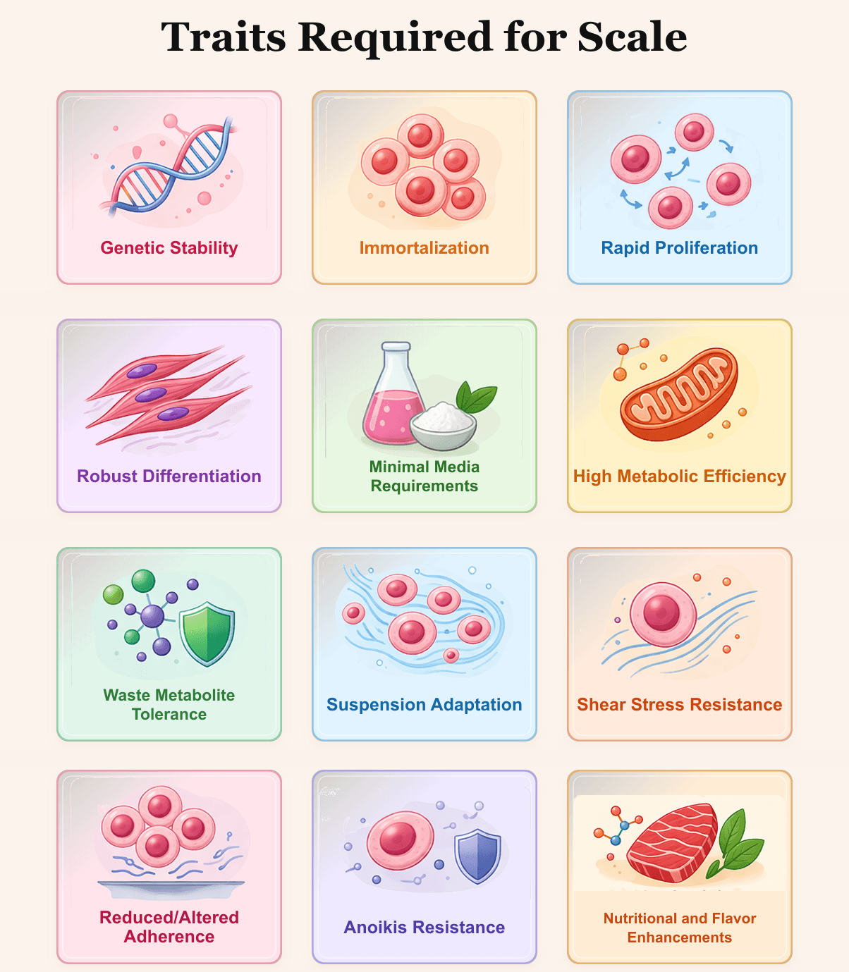 Traits required for scalable cultivated meat, shown as twelve phenotype cards arranged in a three-column grid.