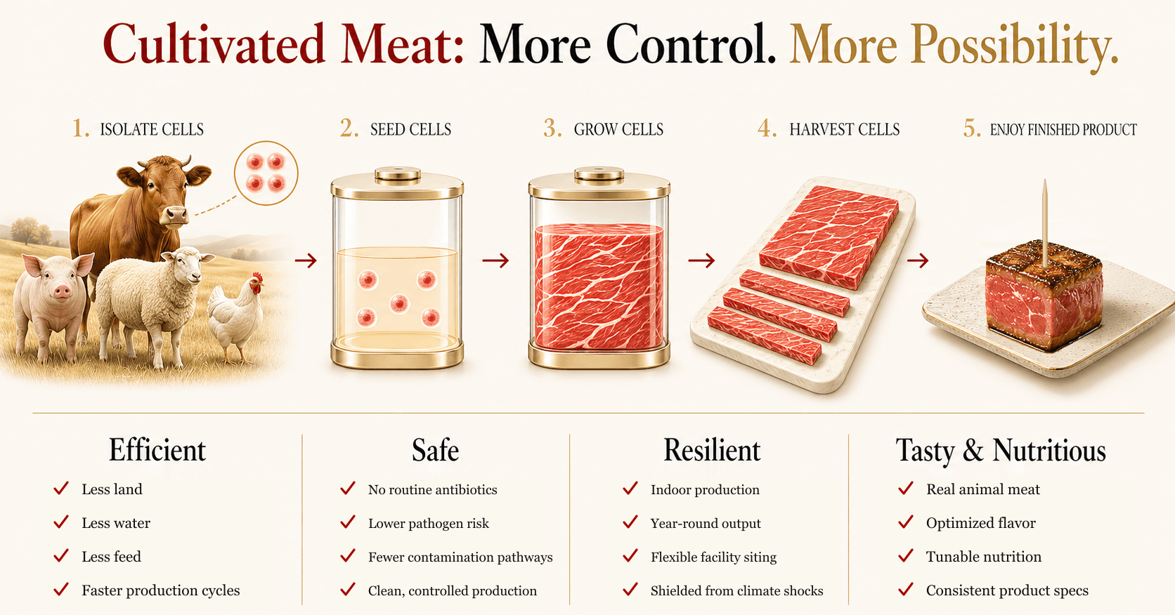 Cultivated meat process and benefits including efficiency, safety, resilience, taste, and nutrition.