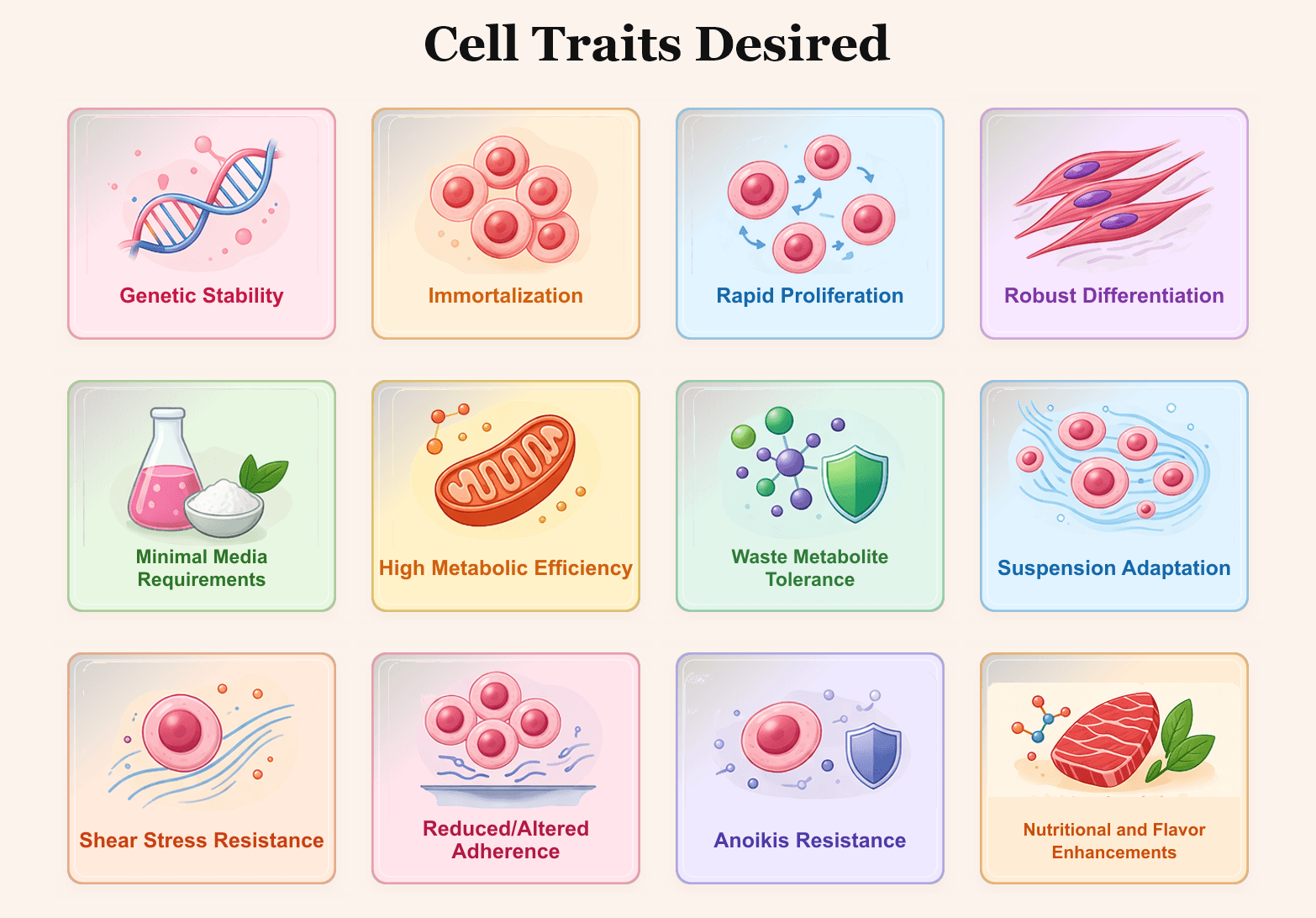 Cell traits desired in cultivated meat cell lines, shown as twelve cards in four columns: genetic stability, immortalization, rapid proliferation, robust differentiation, minimal media requirements, high metabolic efficiency, waste metabolite tolerance, suspension adaptation, shear stress resistance, reduced or altered adherence, anoikis resistance, and nutritional and flavor enhancements.