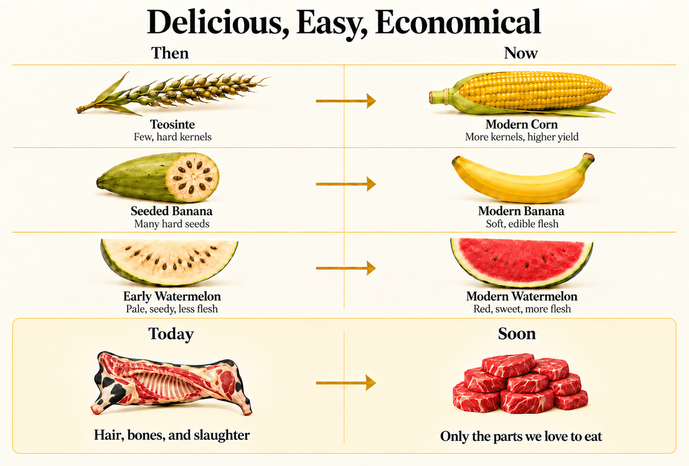 Delicious, easy, economical: then and now comparison showing teosinte to modern corn, seeded banana to modern banana, and early watermelon to modern watermelon; and today's whole animal carcass with hair, bones and slaughter compared with soon, only the cuts of meat we love to eat.