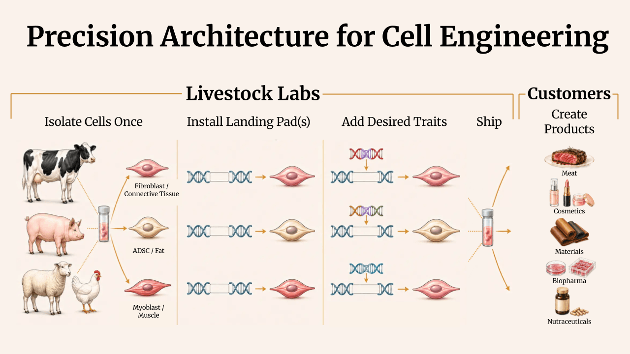 Precision architecture for cell engineering: Livestock Labs isolates cells once from cows, pigs, sheep and chickens, installs landing pads, adds desired traits and ships vials to customers, who create meat, cosmetics, materials, biopharma and nutraceutical products.