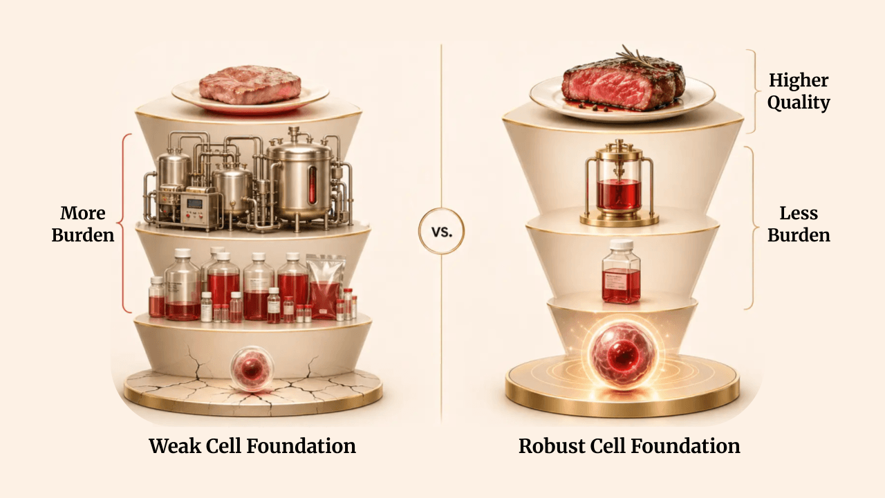 Side-by-side comparison showing a weak cell foundation creating more media and bioprocess burden versus a robust cell foundation creating less burden and a higher-quality final product.